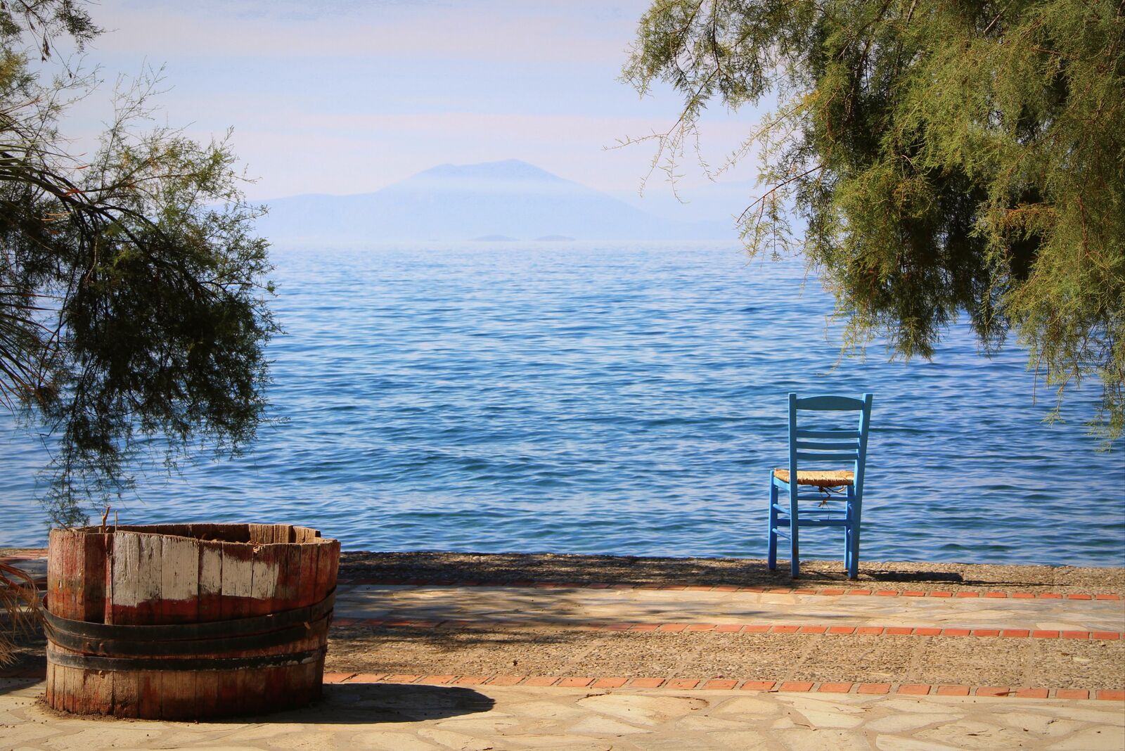 A blue taverna chair on the Afissos waterfront, facing the calm gulf, under a tamarisk